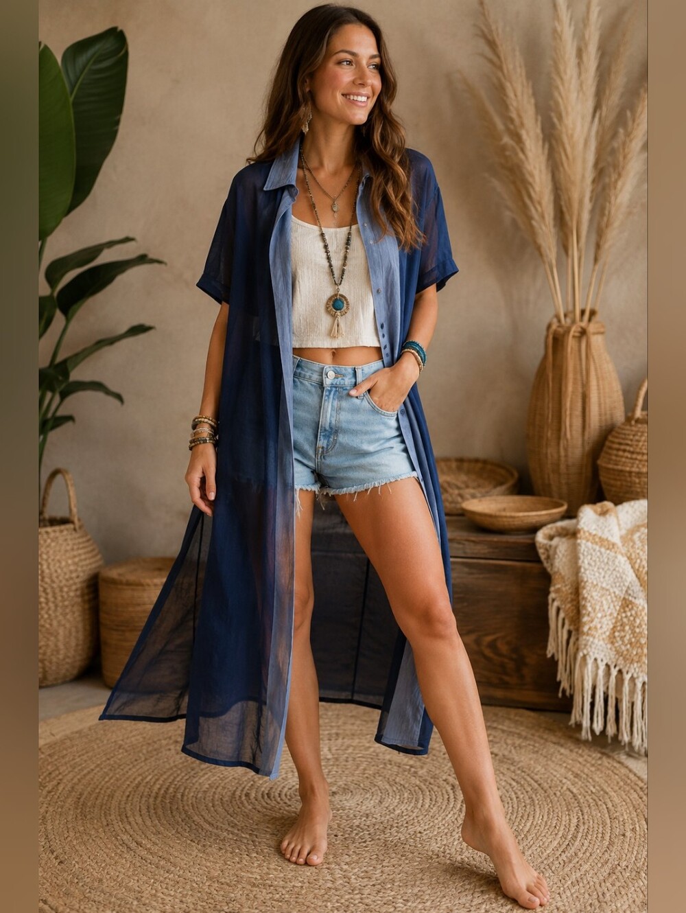 Navy Blue Sheer Longline Duster Kimono Short Sleeve Collared Cover Up
